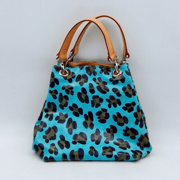 Maurizio Taiuti Handbags - Maurizio Taiuti Italy Blue Leopard Print Pebbled Leather Purse Top Handle Bag